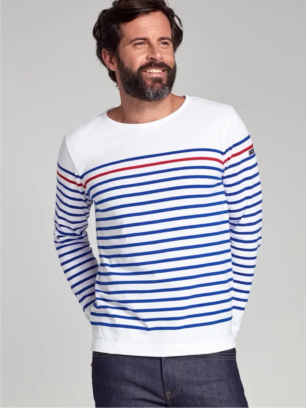 Armor Lux White Long-Sleeve Breton Shirt with Blue & Red Stripes